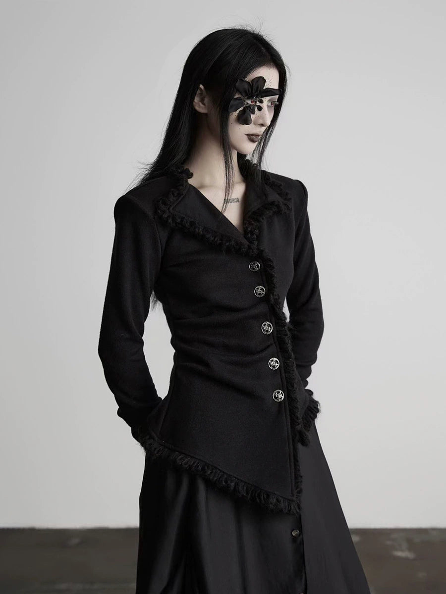 Black Asymmetrical Knit Jacket Boat Neck Shawl Collar Notched Collar