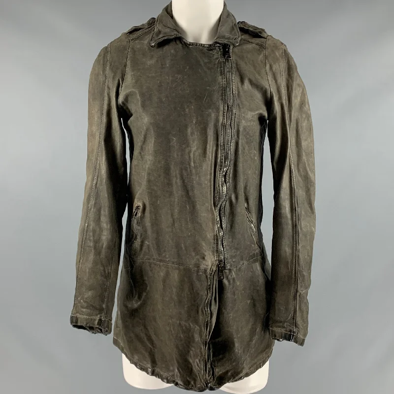 GIORGIO BRATO Size 6 Grey Leather Distressed Zip Up Jacket Tiered Jacket Buttoned Jacket Zippered Jacket
