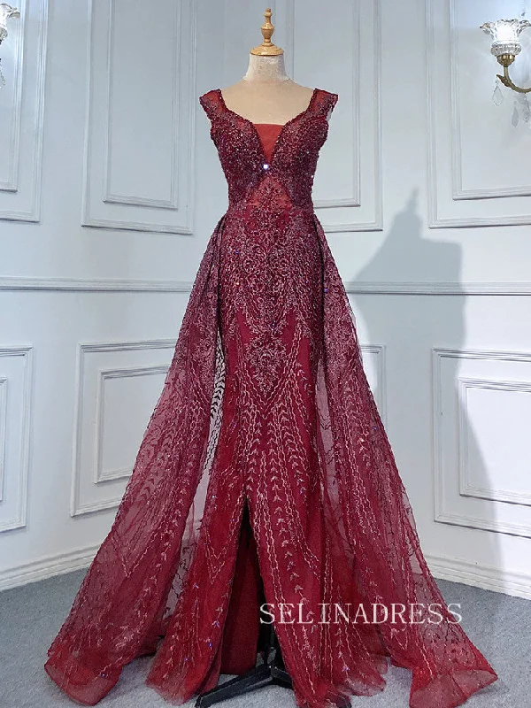 Mermaid Straps Burgundy Long Prom Dress Beaded Evening Formal Gown hlks013
