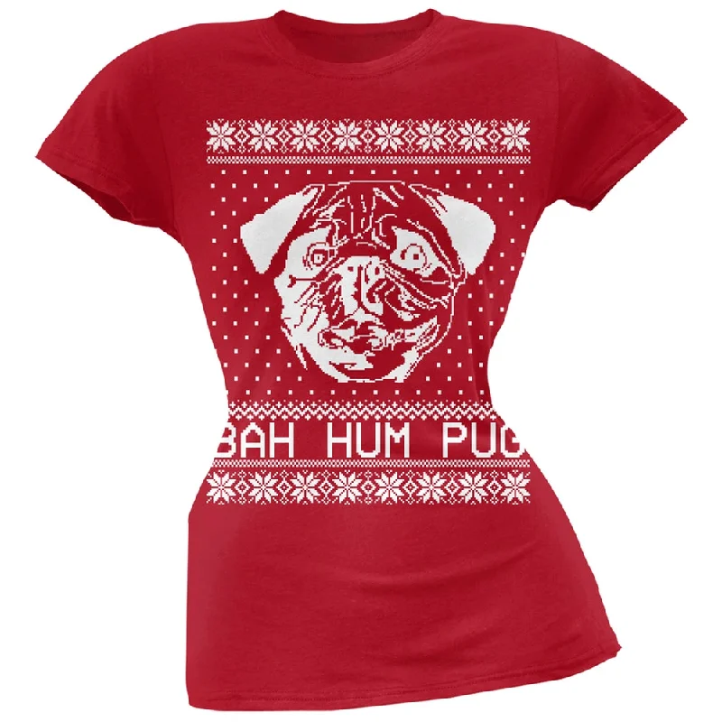 Bah Hum Pug Ugly Christmas Sweater Red Soft Juniors T-Shirt Neon Metallic Matte