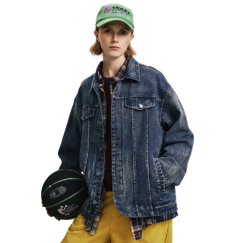 Distressed Punk Denim Jacket Welt Pockets Slit Pockets Flap Pockets