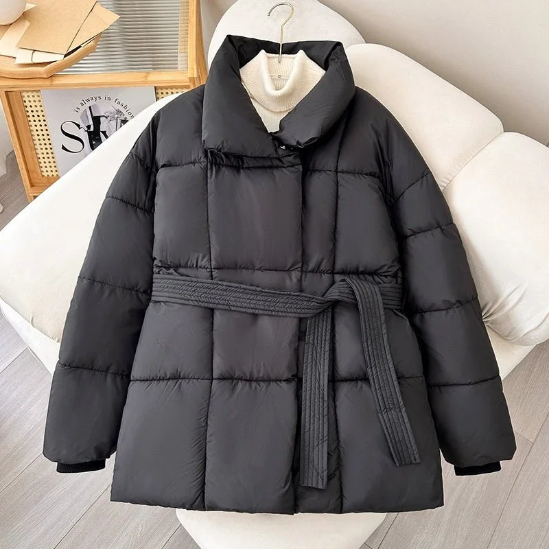 Plaid Lapel Coat with Belt – Thick Casual Jacket for Fall and Winter Cotton Fabric Linen Fabric Terry Fabric