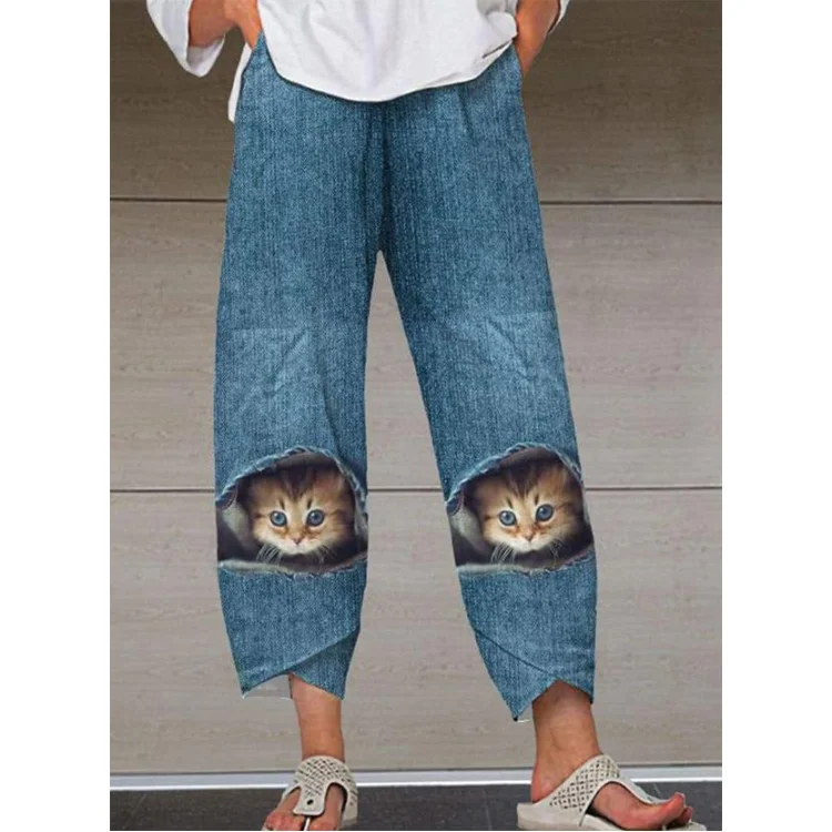 Casual Cat Print Women Denim Trousers Trousers Custom Made