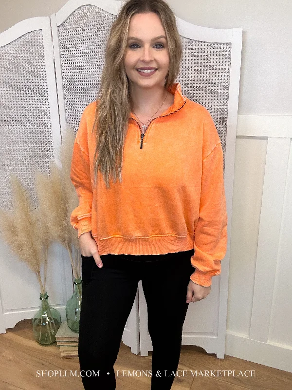 Orange Acid Wash Fleece Pullover Ruffle Sleeve Feminine