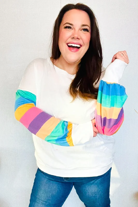 Stand Out Cream Stripe Drop Shoulder Hacci Knit Pullover Slit Sleeve Stylish