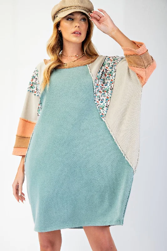 Easel OVERSIZED Terry Knit and Color Mix Dress in Dusty Teal