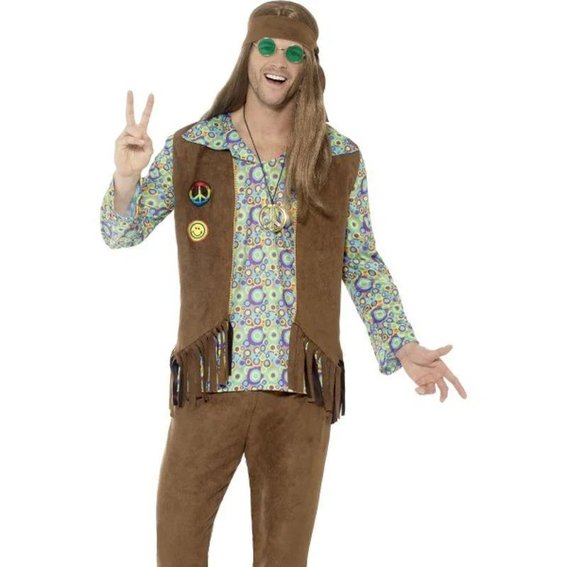 Adult 60s Hippie Costume Multi Coloured Top Brown Waistcoat Trousers Medallion Headband Trousers Modern Contemporary