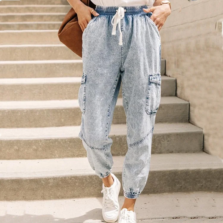 Women'S Fashion Casual Pocket Lace-Up Denim Trousers Trousers Palazzo Wide Leg