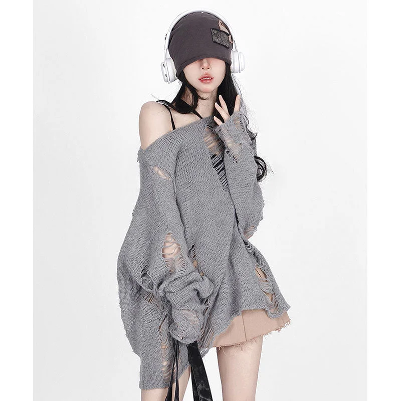 Casual Broken Holes Long Sleeves Knitted Sweaters Fleece Fabric Down Fabric Feather Fabric