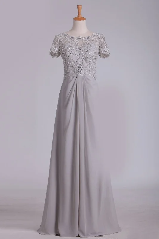 A Line Scoop Mother Of The Bride Dresses Chiffon With Beads And Applique