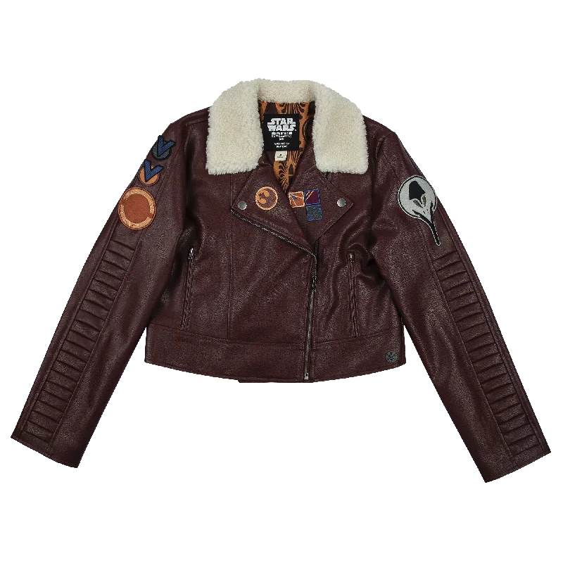Rebel Faux Leather Cropped Moto Jacket Front Pockets Side Pockets Patch Pockets