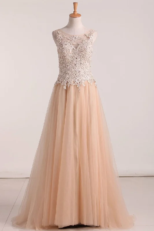Bateau With Applique And Beads Tulle Floor Length Evening Dresses