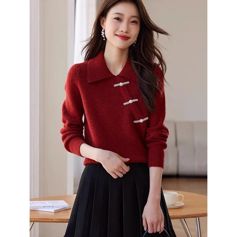 Elegant Christmas Red Vintage Sweaters Embroidered Appliqued Beaded