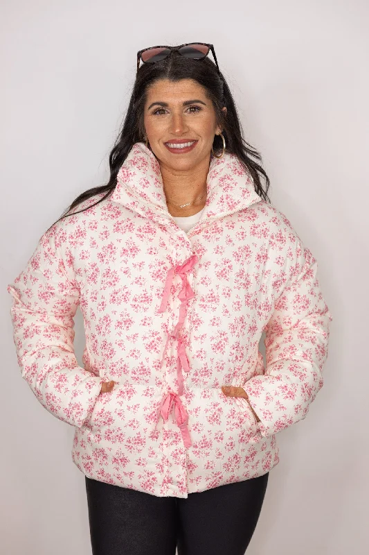 Dainty Pink Floral Puffer Jacket Elasticated Jacket Padded Jacket Insulated Jacket