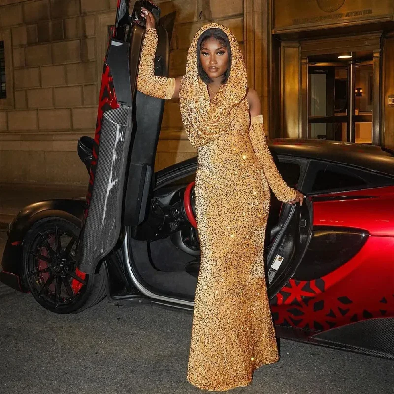 Glitter Gold Mermaid Elegant Prom Dresses Long Sleeves Sequins Sparkly Women Special Occasion Party Evening Gowns Custom Made Glitter Gold Mermaid Elegant Prom Dresses Long Sleeves Sequins Sparkly Women Special Occasion Party Evening Gowns Custom Made