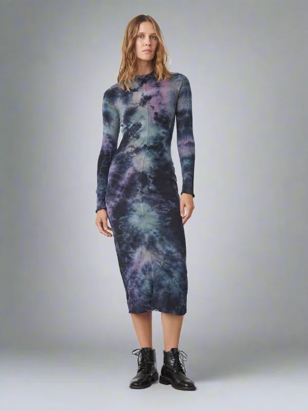 Raquel Allegra NEBULA CLOUD BABY RIB WITH LETTUCE EDGE LONG SLEEVE FITTED DRESS