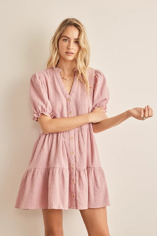 In February Button Down Tiered Dress in Pink