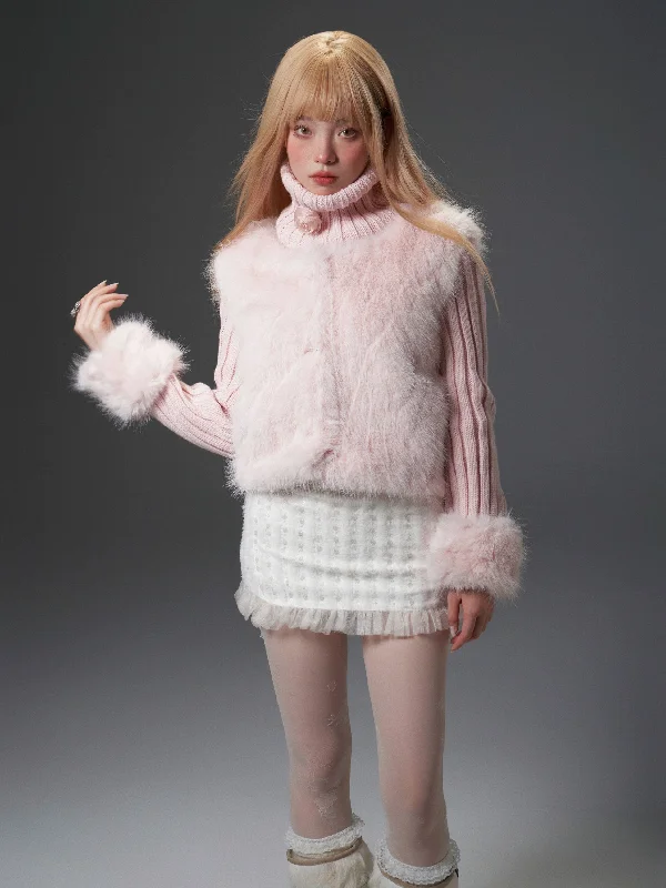 Pink Mixed-Texture Fur Jacket Print Jacket Jacquard Jacket Embroidered Jacket