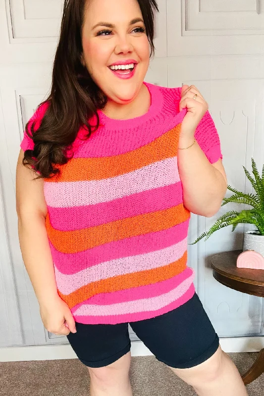 Haptics Fuchsia & Orange Stripe Short Sleeve Dolman Sweater Elegant Classic Vintage