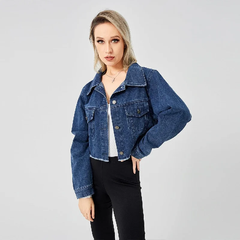 Retro Raw Edge Soft Denim Jacket Hoodie Zip-Up Jacket Button-Up Jacket