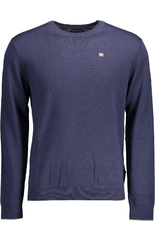 Blue Wool Men Sweater Toggled Drawstring Belted