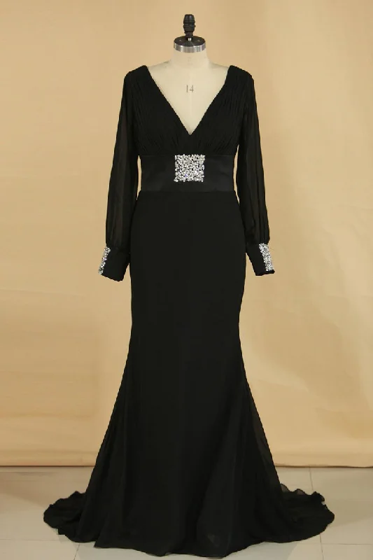 Black Sweep/Brush V Neck Sheath/Column Chiffon Evening Dresses