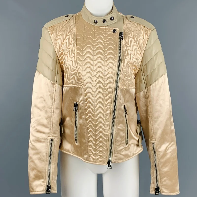 TOM FORD Size 8 Beige Viscose Quilted Biker Jacket A-Line Jacket Boat Neck Shawl Collar