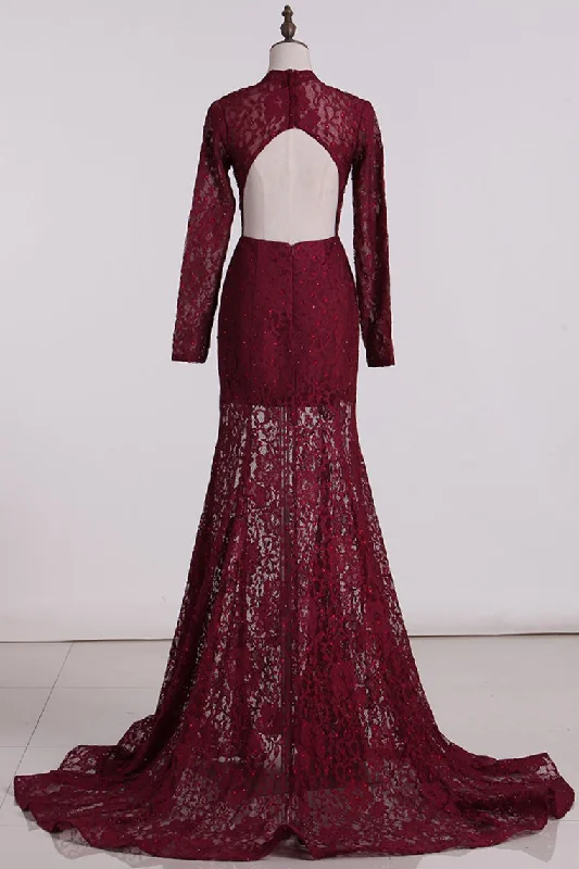High Neck Prom Dresses Long Sleeves Mermaid Lace Open Back