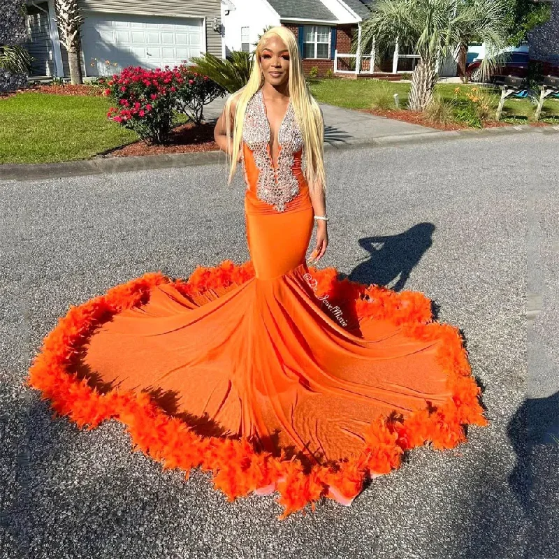 Orange Luxury Elegant Mermaid Prom Dresses Feathers Sequins Sparkly Sweep Train Women Long Evening Party Gowns Custom Made Orange Luxury Elegant Mermaid Prom Dresses Feathers Sequins Sparkly Sweep Train Women Long Evening Party Gowns Custom Made