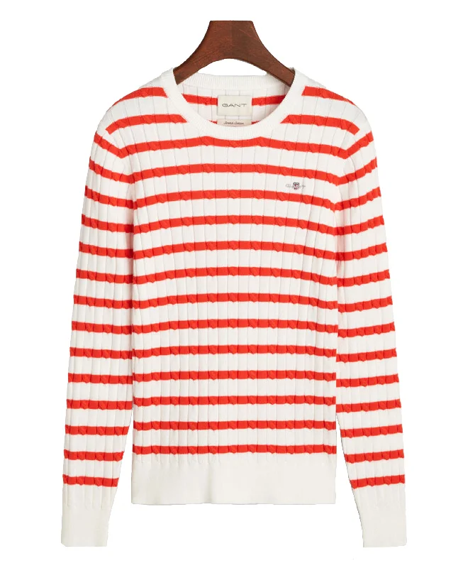 Striped Stretch Cotton Cable Knit Crew Neck Sweater - Orange Red Fleece Sweater Nylon Polyester