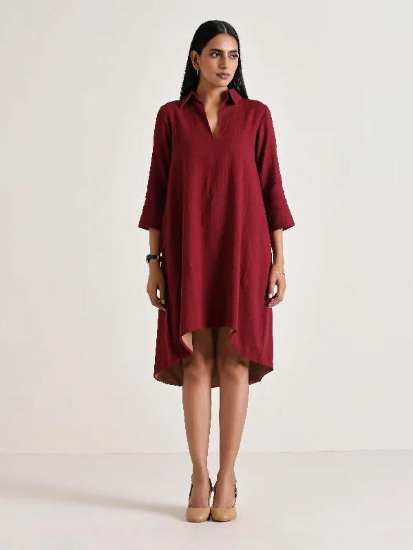 trueBrowns Maroon Short Collared Dress