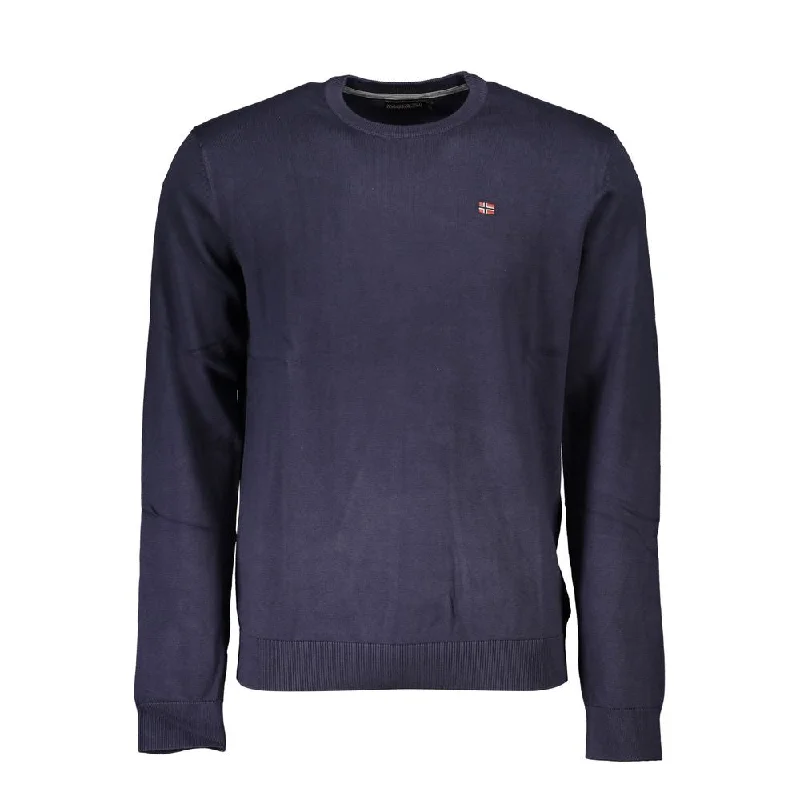 Blue Cotton Men Sweater Ribbed Striped Patterned