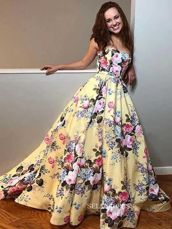 Chic Beautiful A-line Long Prom Dresses Strapless Yellow Flower Evening Dresses jkw235 Chic Beautiful A-line Long Prom Dresses Strapless Yellow Flower Evening Dresses jkw235