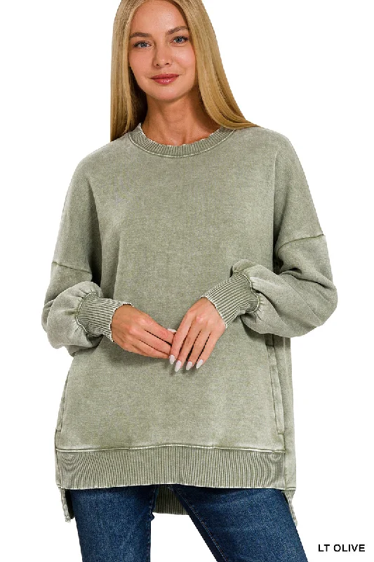 Olive Acid Wash Hi-Low Fleece Pullover Elbow Length Sleeve