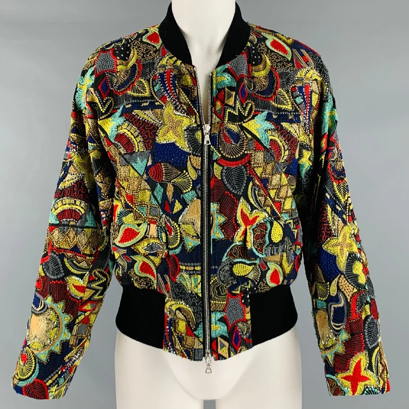 DRIES VAN NOTEN Size 8 Black Multi-Color Cotton Silk Bomber Jacket Embroidered Jacket Appliqued Jacket Beaded Jacket