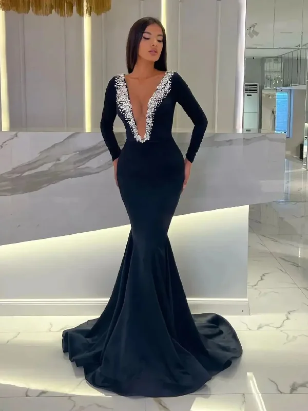 Elegant Black Mermaid Prom Dresses Long Sleeves Sheer Neck Beaded Women Formal Occasion Dress Stretch Satin Vestidos de fiesta Elegant Black Mermaid Prom Dresses Long Sleeves Sheer Neck Beaded Women Formal Occasion Dress Stretch Satin Vestidos de fiesta