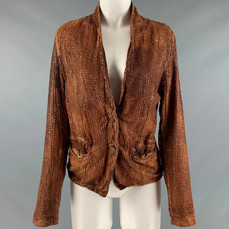 GIORGIO BRATO Size 6 Brown Perforated Button Up Jacket Ribbed Jacket Pleated Jacket Ruffled Jacket