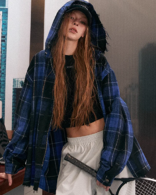 Blue Plaid Oversized Hooded Jacket Zippered Jacket Buttoned Jacket Snapped Jacket