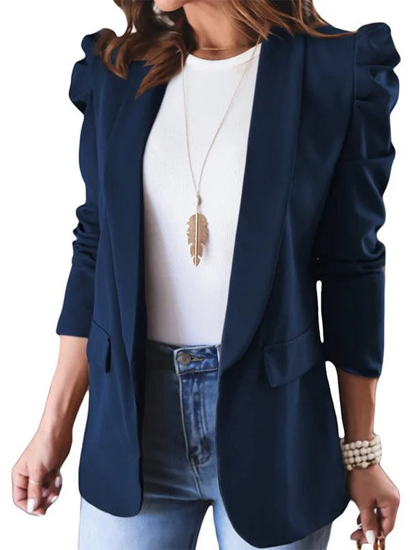 Solid Color Blazer Jacket Front Pockets Side Pockets Patch Pockets
