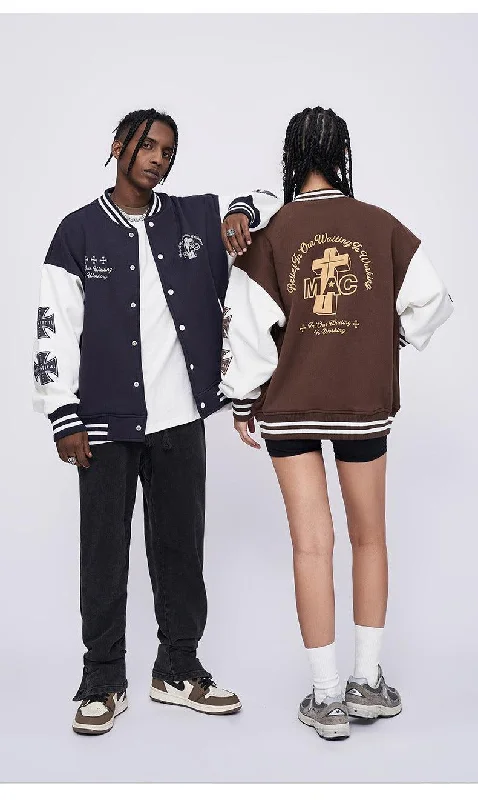 Contrast Color Loose Printed Baseball Jacket - Winter Streetwear Style Fleece Jacket Down Jacket Parka Contrast Color Loose Printed Baseball Jacket - Winter Streetwear Style Fleece Jacket Down Jacket Parka