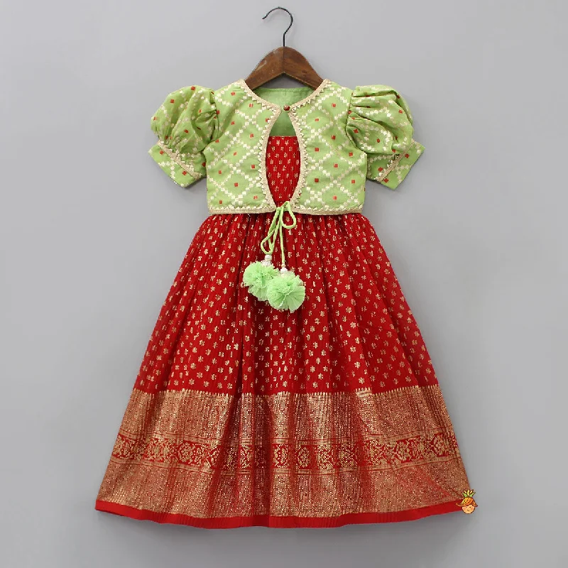 Ethnic Pleated Georgette Red Dress With Puffed Sleeves Jacket Notch Collar Jacket Peter Pan Collar Jacket Cowl Neck Jacket Ethnic Pleated Georgette Red Dress With Puffed Sleeves Jacket Notch Collar Jacket Peter Pan Collar Jacket Cowl Neck Jacket