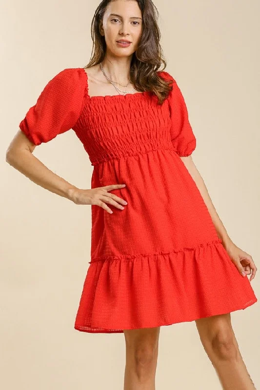 Umgee Tomato Red Waffle Texture Dress with Smocking FINAL SALE