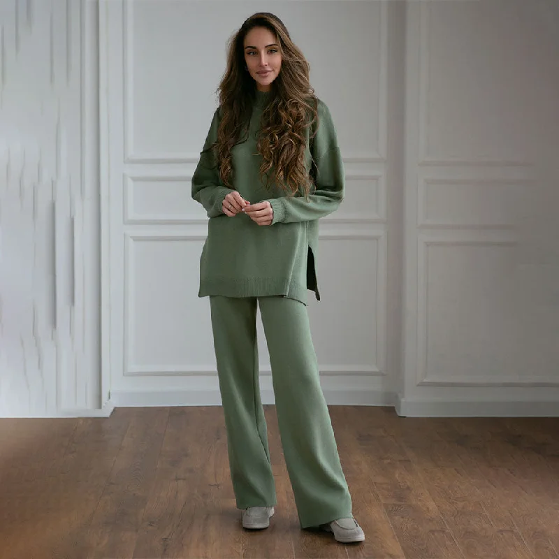 Casual Women High Neck Sweaters and Pants Two Pieces Sets Satin Blend Silk Blend Wool Blend