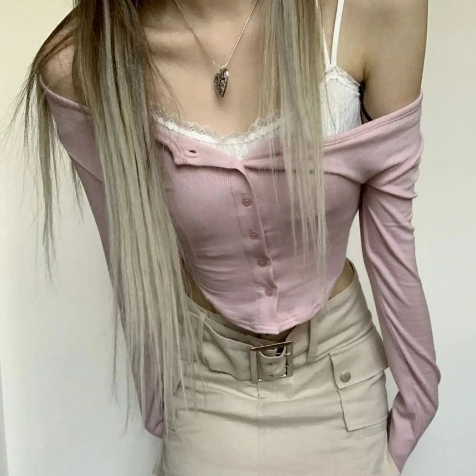 Y2K Lace Patchwork Pink Crop Top Button Full Sleeve Grunge Fariycore Cute Tee Women Harajuku Korean Vintage Chic Pullovers Fall Textured Knit Design