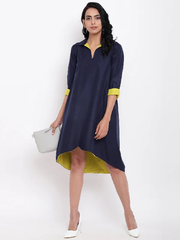 trueBrowns Linen Cotton Blue Collared Dress
