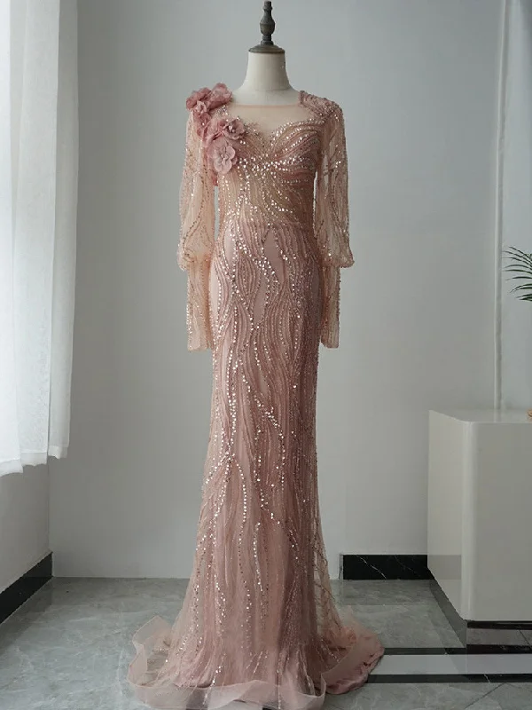 luxurious Mermaid 3d Floral Flower Beaded Long Prom Dress Lantern Sleeve Evening Dresses GKF010