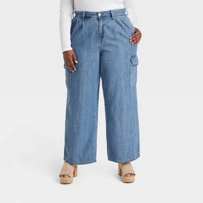 New - Women's Wide Leg Denim Cargo Trousers - Universal Thread Medium Wash 22 Trousers Evening Elegant