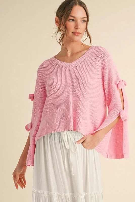 Open Sleeve Bow Pink Sweater Silk Blend Satin Velvet