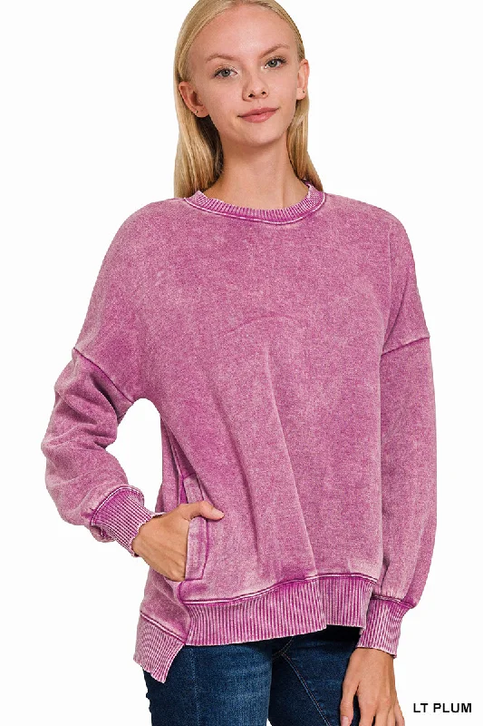 Plum Acid Wash Hi-Low Fleece Pullover Flare Sleeve Stylish