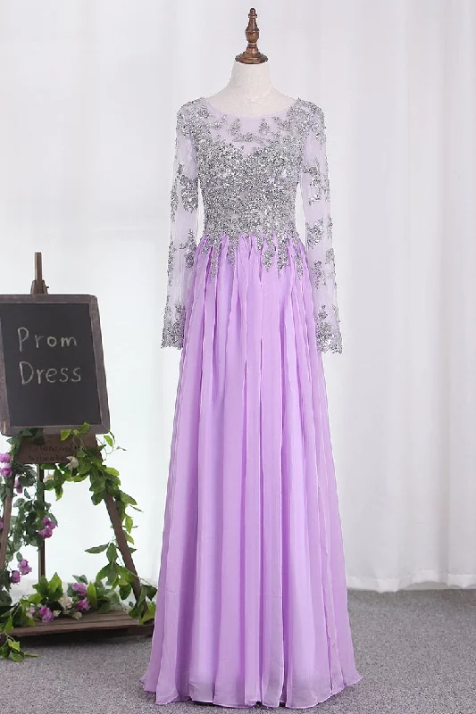 2024 A Line Long Sleeves Scoop Chiffon Prom Dresses With Applique